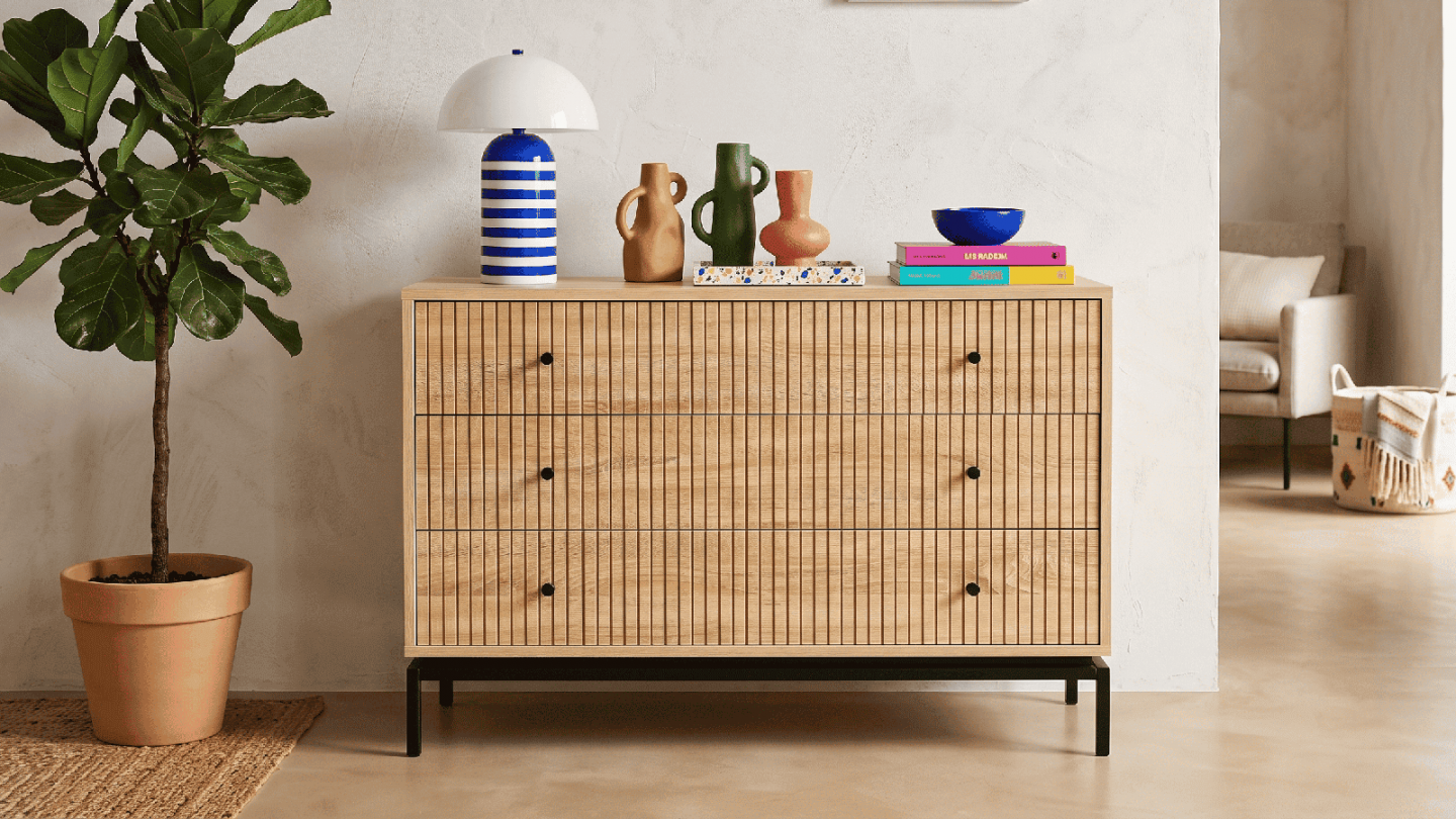 Commode 3 tiroirs effet bois 105 cm - Talia Commode 3 tiroirs effet bois 105 cm - Talia