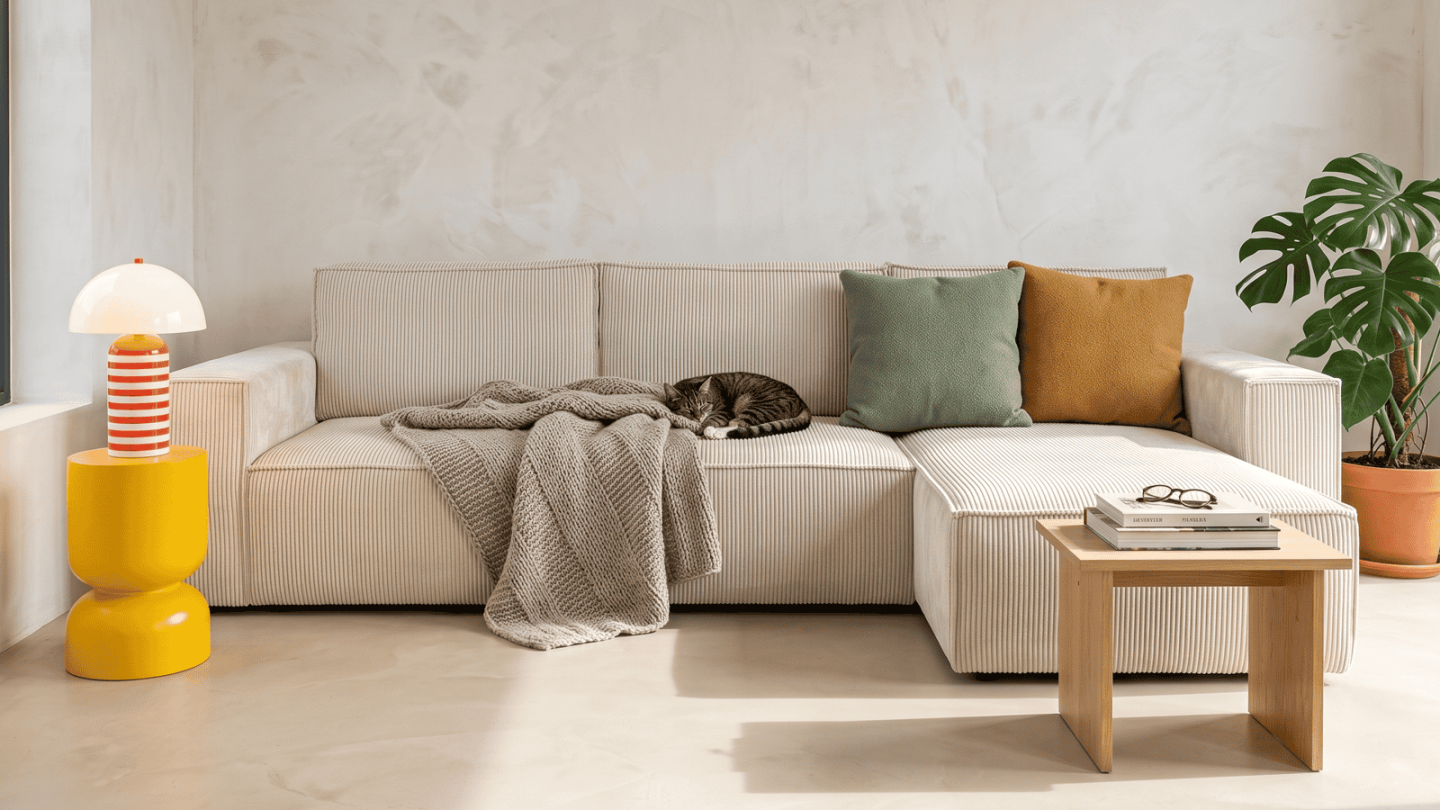 Canapé d'angle convertible réversible 5 places avec coffre de rangement en velours côtelé Beige - Collection Harper Canapé d'angle convertible réversible 5 places avec coffre de rangement en velours côtelé Beige - Collection Harper