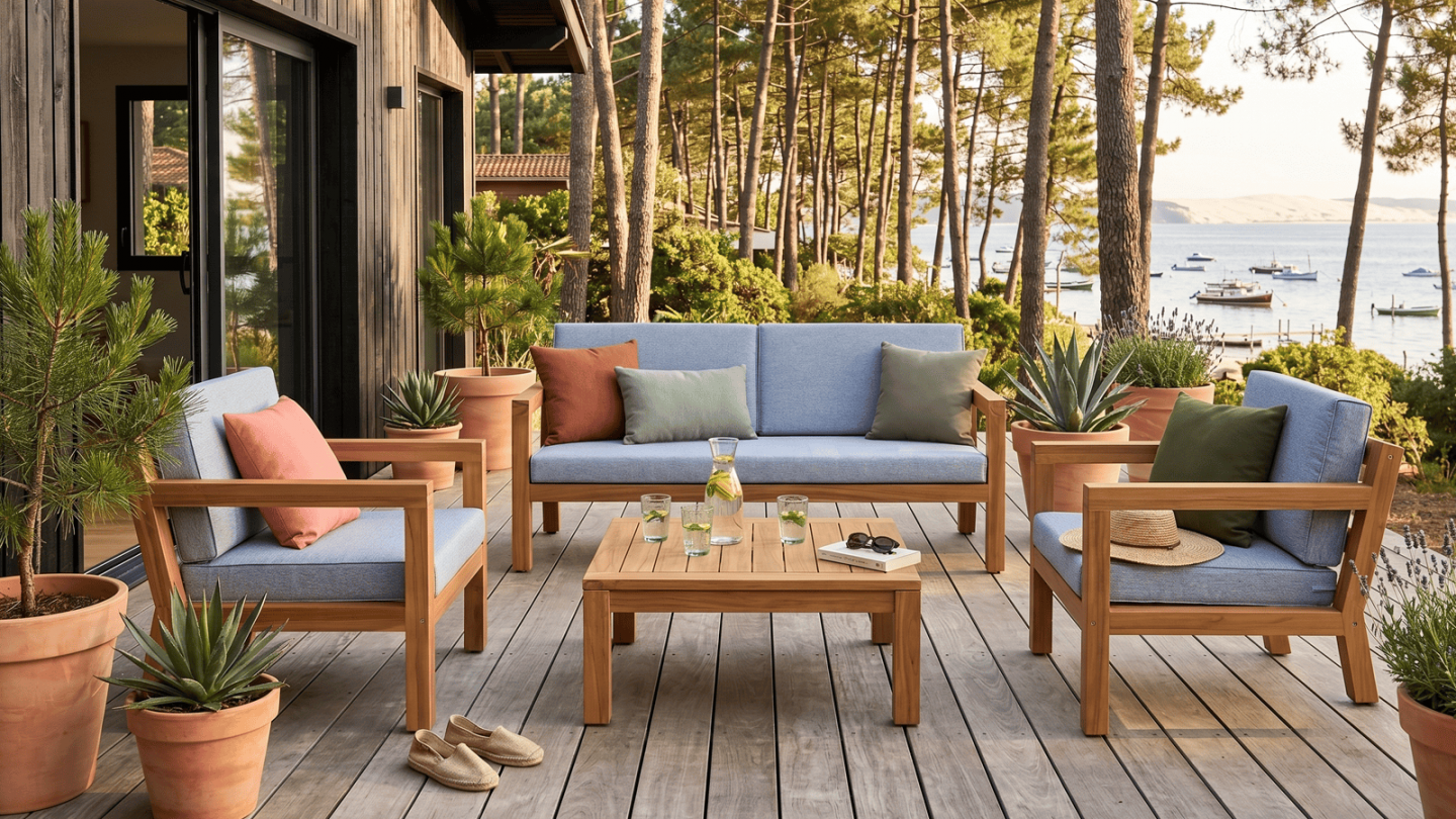 Salon de jardin 4 places en bois FSC - 1 canapé 2 places + 2 fauteuils - coussins gris chiné - Palau Salon de jardin 4 places en bois FSC - 1 canapé 2 places + 2 fauteuils - coussins gris chiné - Palau