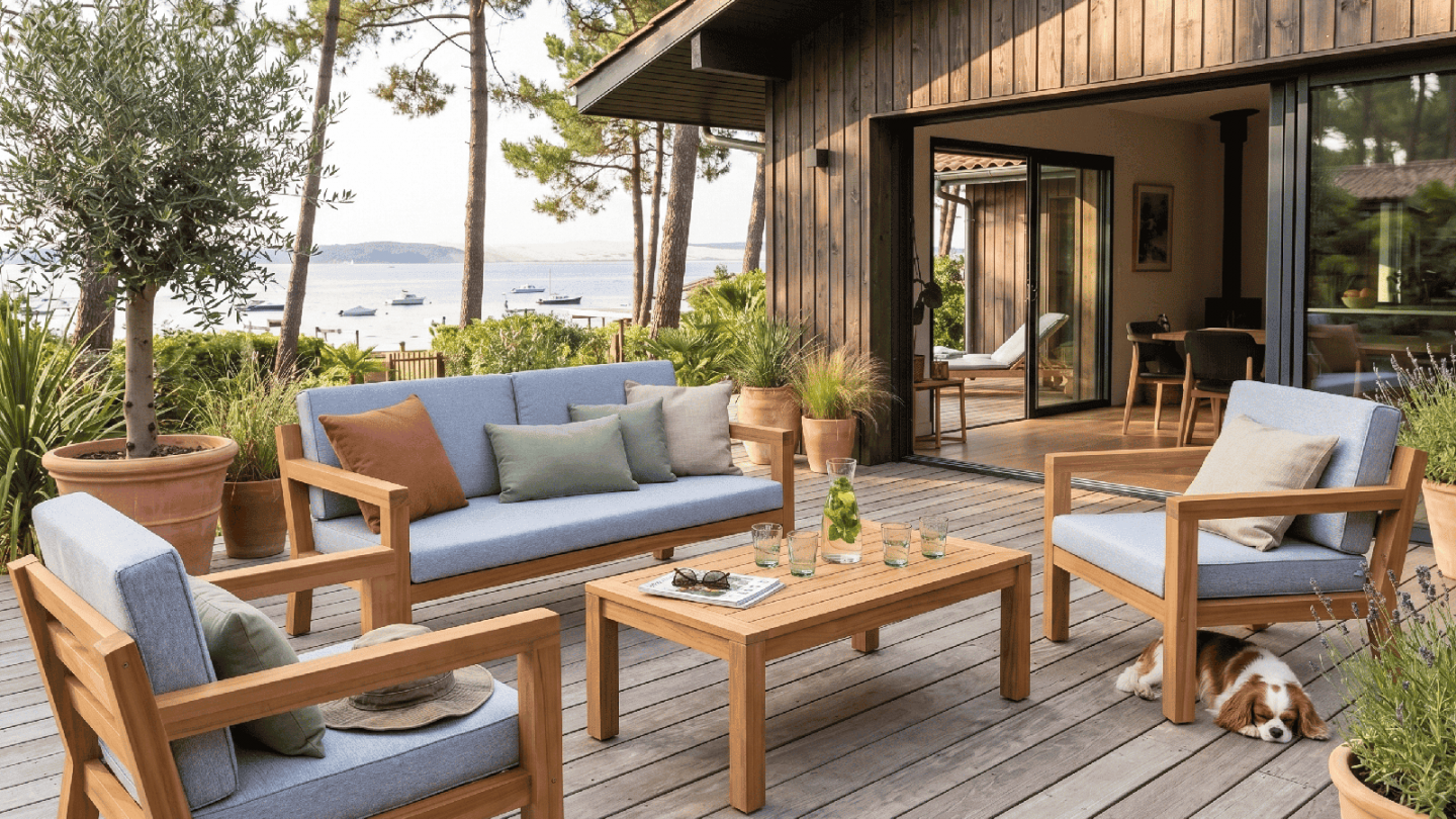 Salon de jardin 4 places en bois FSC - 1 canapé 2 places + 2 fauteuils - coussins gris chiné - Palau Salon de jardin 4 places en bois FSC - 1 canapé 2 places + 2 fauteuils - coussins gris chiné - Palau