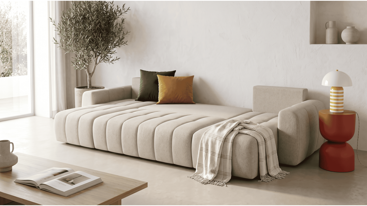 Canapé panoramique convertible 6 places en tissu chenille beige - Alba Canapé panoramique convertible 6 places en tissu chenille beige - Alba