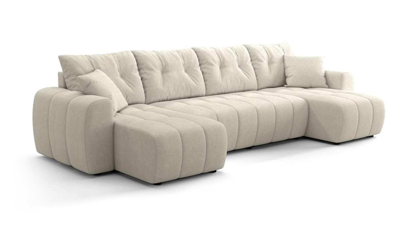 Canapé panoramique convertible 6 places en tissu chenille beige - Alba Canapé panoramique convertible 6 places en tissu chenille beige - Alba