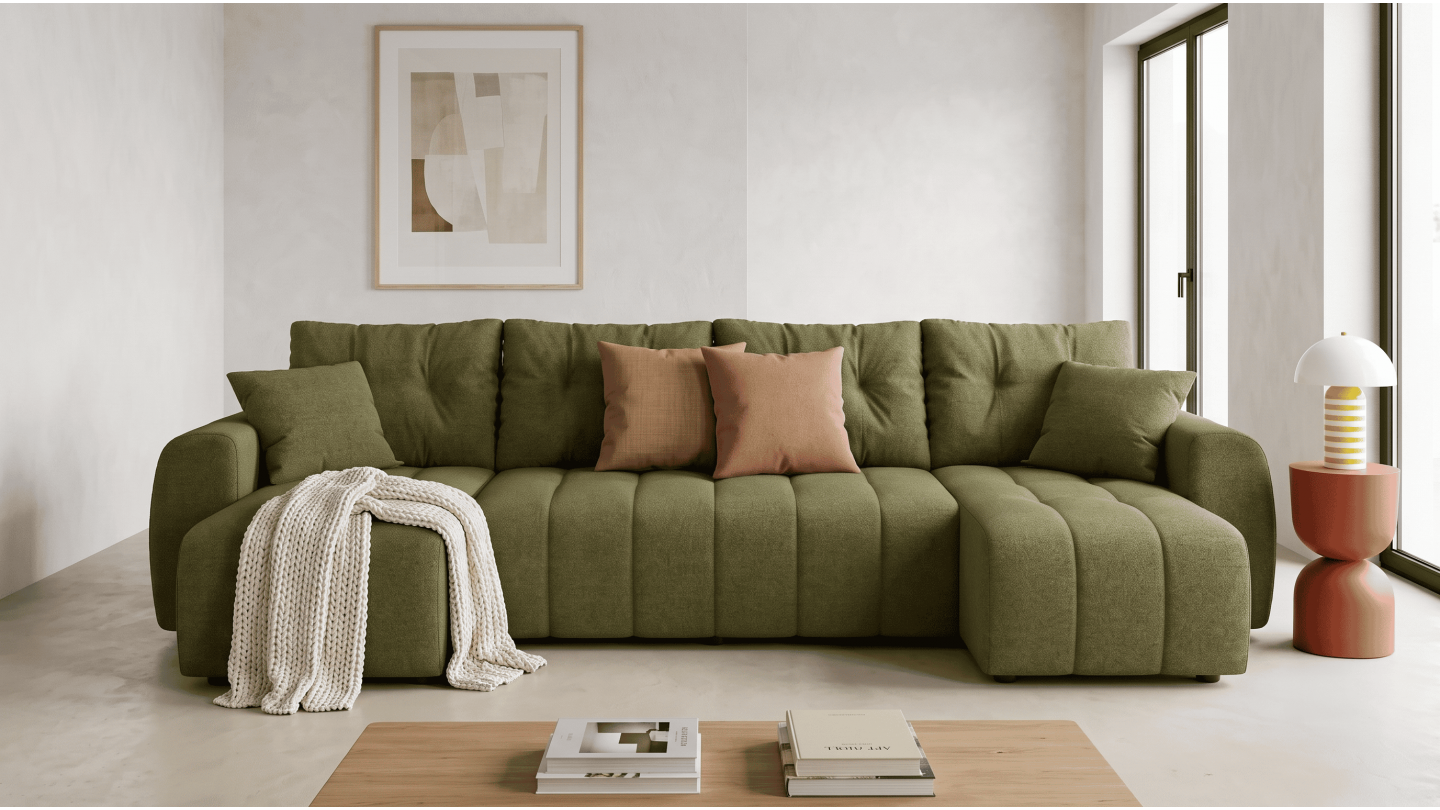 Canapé panoramique convertible 6 places en tissu chenille vert olive - Alba Canapé panoramique convertible 6 places en tissu chenille vert olive - Alba