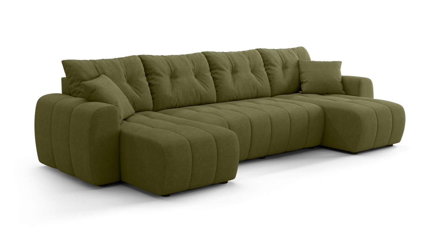 Canapé panoramique convertible 6 places en tissu chenille vert olive - Alba Canapé panoramique convertible 6 places en tissu chenille vert olive - Alba