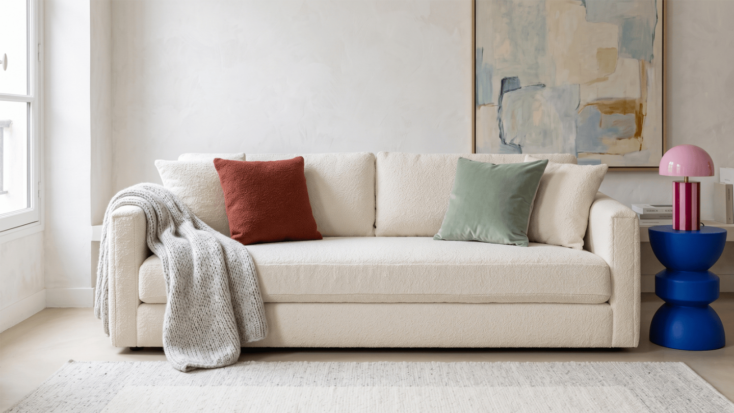 Canapé 3 places avec 4 coussins déco en tissu bouclette beige clair - Collection Denver Canapé 3 places avec 4 coussins déco en tissu bouclette beige clair - Collection Denver