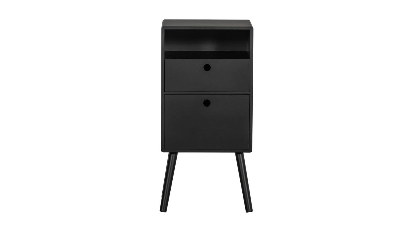 Table de chevet haut rétro 2 tiroirs 1 niche en bois laqué noir 36 cm - Ozzy Table de chevet haut rétro 2 tiroirs 1 niche en bois laqué noir 36 cm - Ozzy