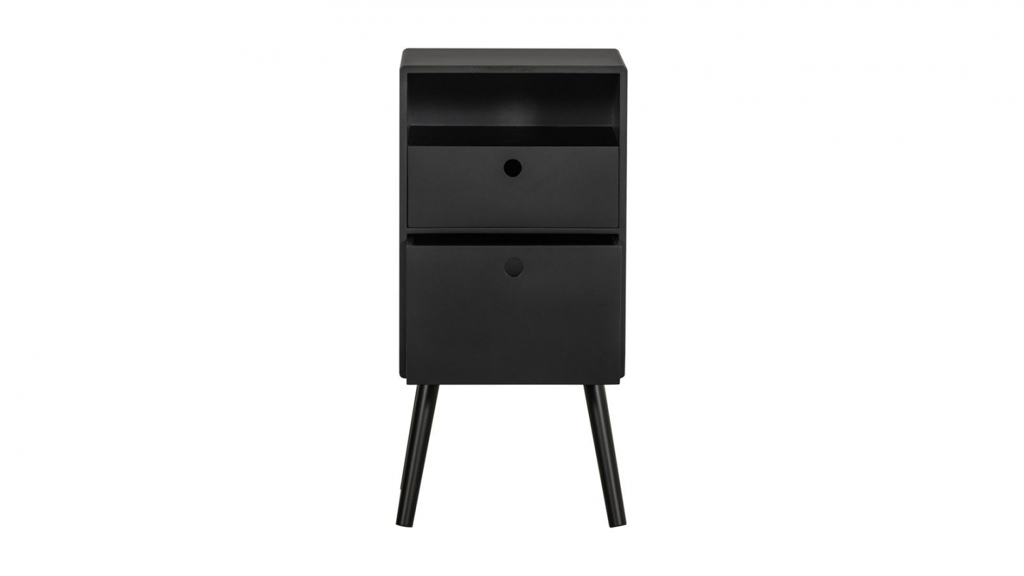 Table de chevet haut rétro 2 tiroirs 1 niche en bois laqué noir 36 cm - Ozzy Table de chevet haut rétro 2 tiroirs 1 niche en bois laqué noir 36 cm - Ozzy