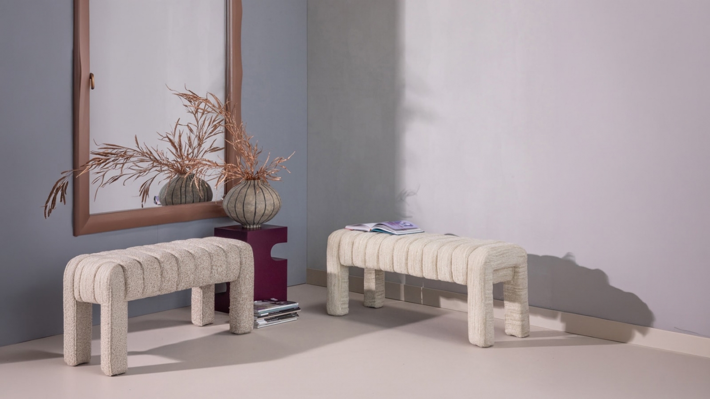 Banc en tissu bouclé bouclé matelassé beige - Frex Banc en tissu bouclé bouclé matelassé beige - Frex