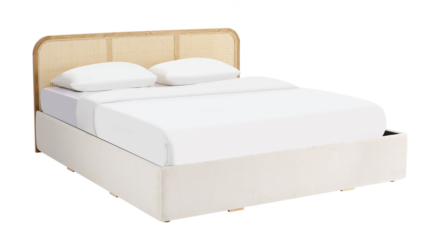Lit coffre adulte 140x190 cm en tissu bouclé beige avec tête de lit en bois et cannage - Elsa Lit coffre adulte 140x190 cm en tissu bouclé beige avec tête de lit en bois et cannage - Elsa