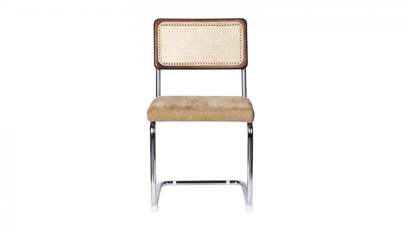 Lot de 2 chaises en cannage, tissu chenille camel et piètement chromé - Muse Lot de 2 chaises en cannage, tissu chenille camel et piètement chromé - Muse