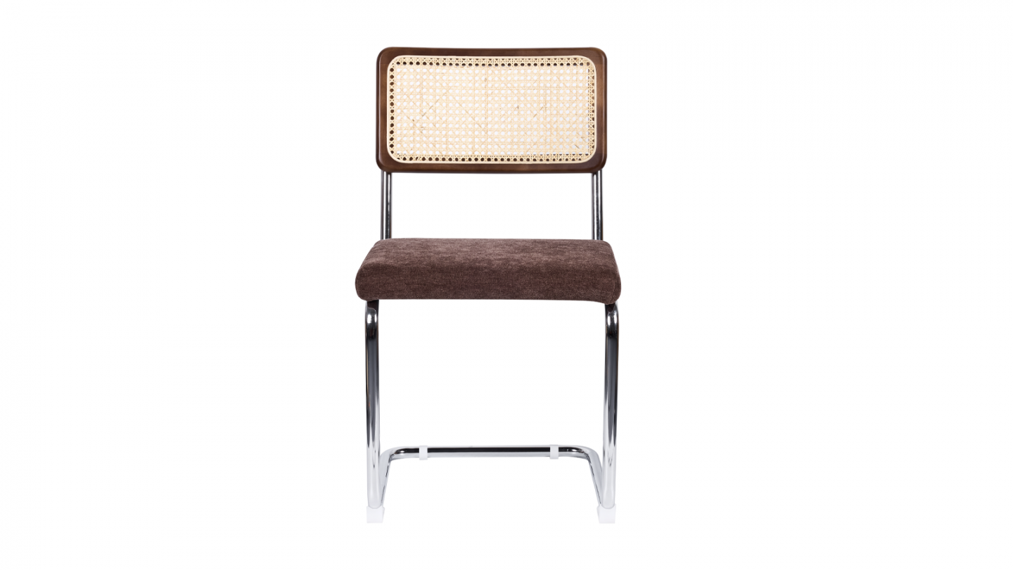 Lot de 2 chaises en cannage, tissu chenille marron et piètement chromé - Muse Lot de 2 chaises en cannage, tissu chenille marron et piètement chromé - Muse