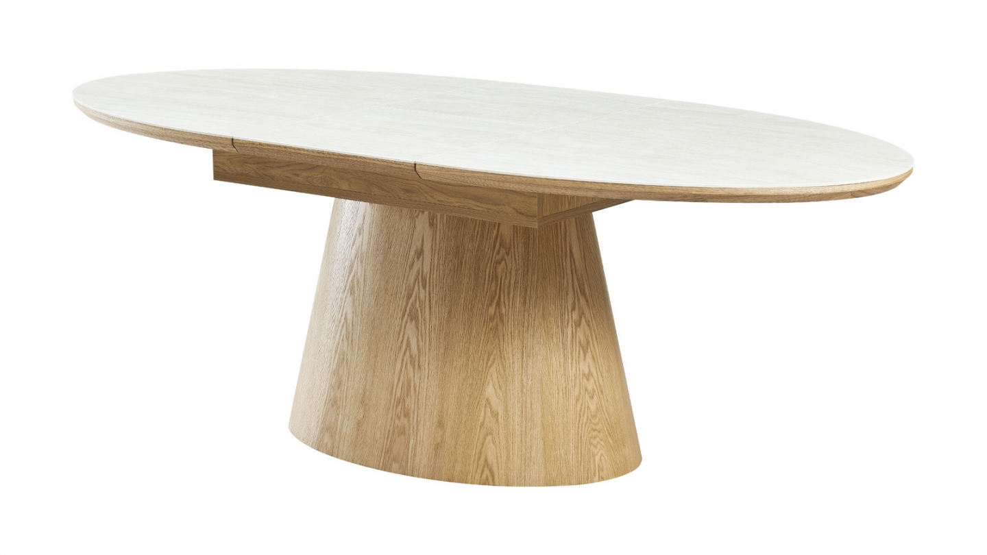 Table à manger extensible en chêne clair et céramique effet Travertin 6 à 8 personnes 170/220 cm - Ora Table à manger extensible en chêne clair et céramique effet Travertin 6 à 8 personnes 170/220 cm - Ora