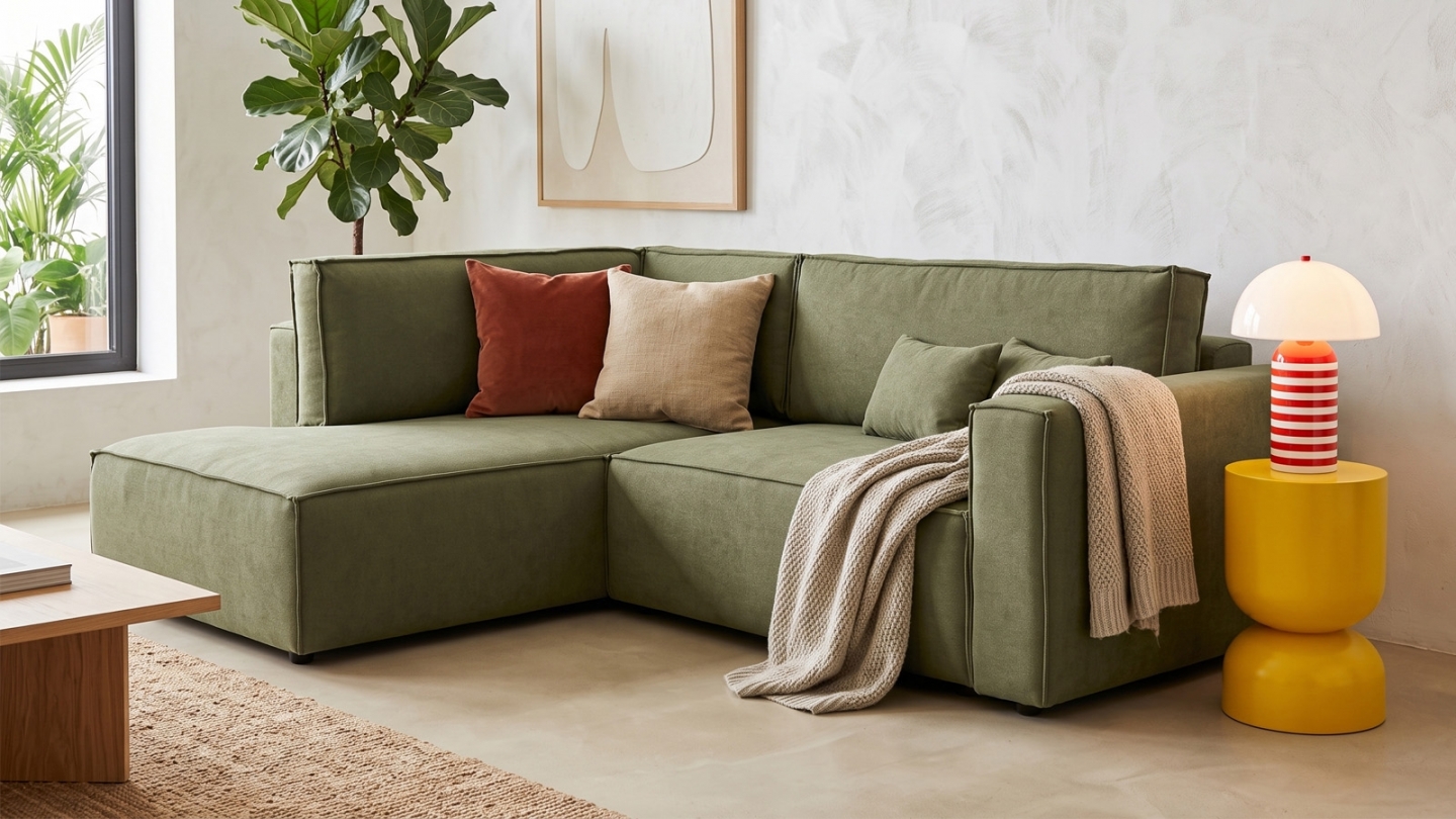 Canapé d'angle ouvert à gauche convertible 3 places en tissu chenille vert olive - Emma Canapé d'angle ouvert à gauche convertible 3 places en tissu chenille vert olive - Emma
