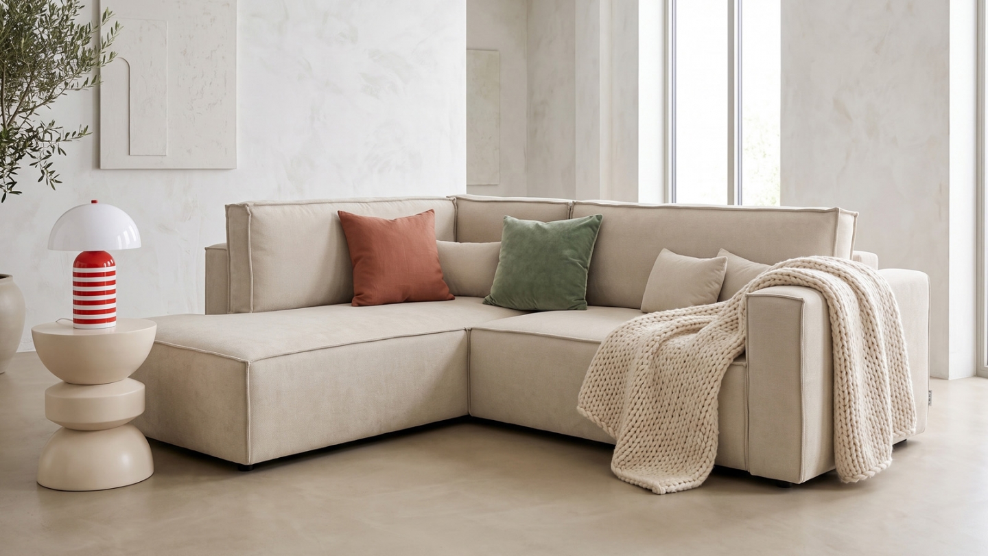 Canapé d'angle ouvert à gauche convertible 3 places en tissu chenille beige foncé - Emma Canapé d'angle ouvert à gauche convertible 3 places en tissu chenille beige foncé - Emma
