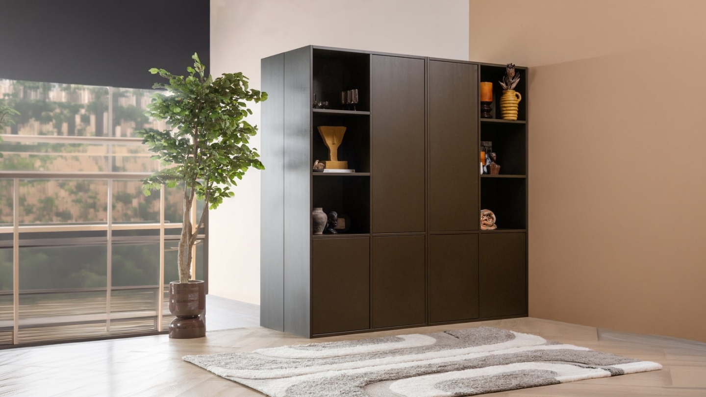 Buffet haut 3 portes - 3 niches à gauche - en pin cannelé brun moyen 108 cm - Meggy Buffet haut 3 portes - 3 niches à gauche - en pin cannelé brun moyen 108 cm - Meggy