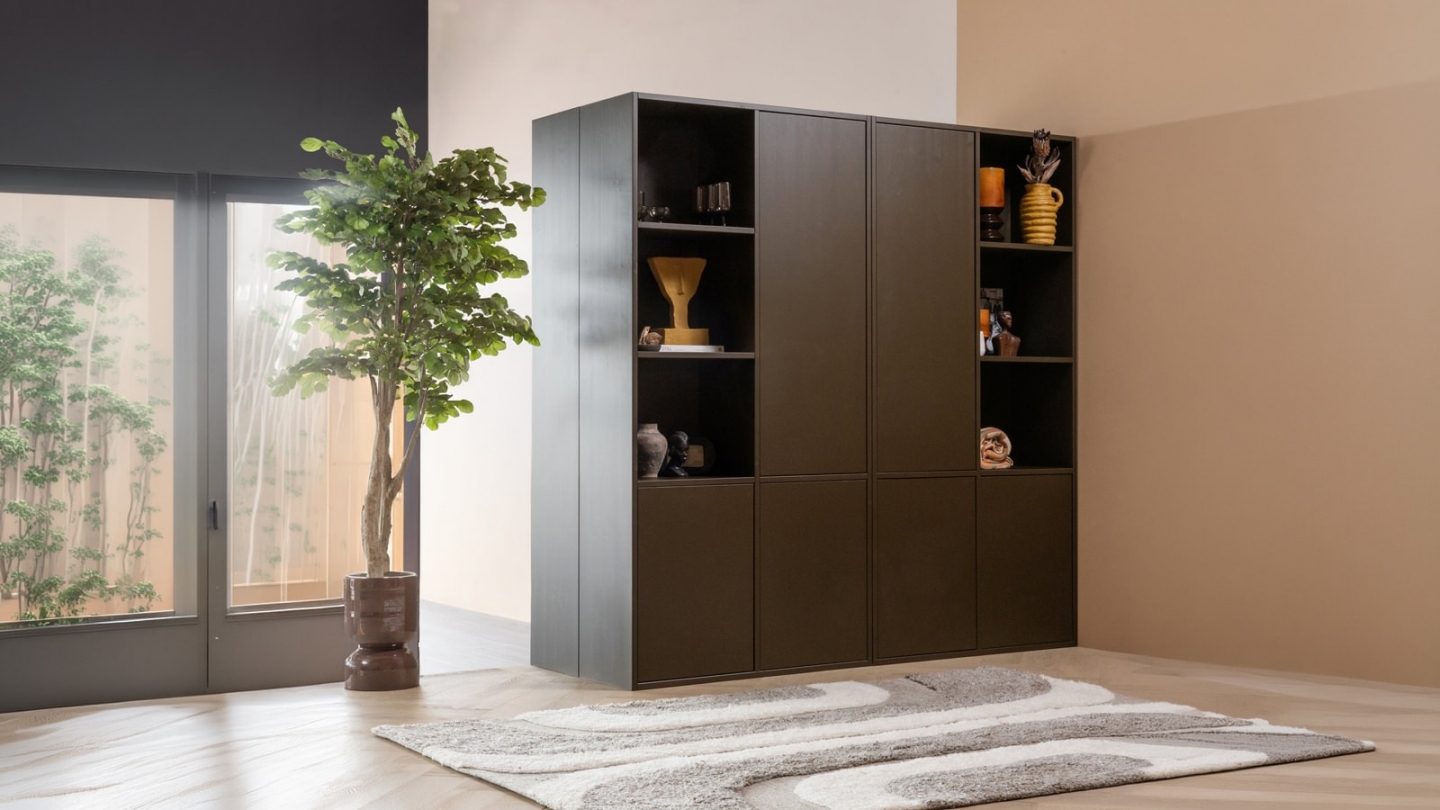 Buffet haut 3 portes - 3 niches à droite - en pin cannelé brun moyen 108 cm - Meggy Buffet haut 3 portes - 3 niches à droite - en pin cannelé brun moyen 108 cm - Meggy