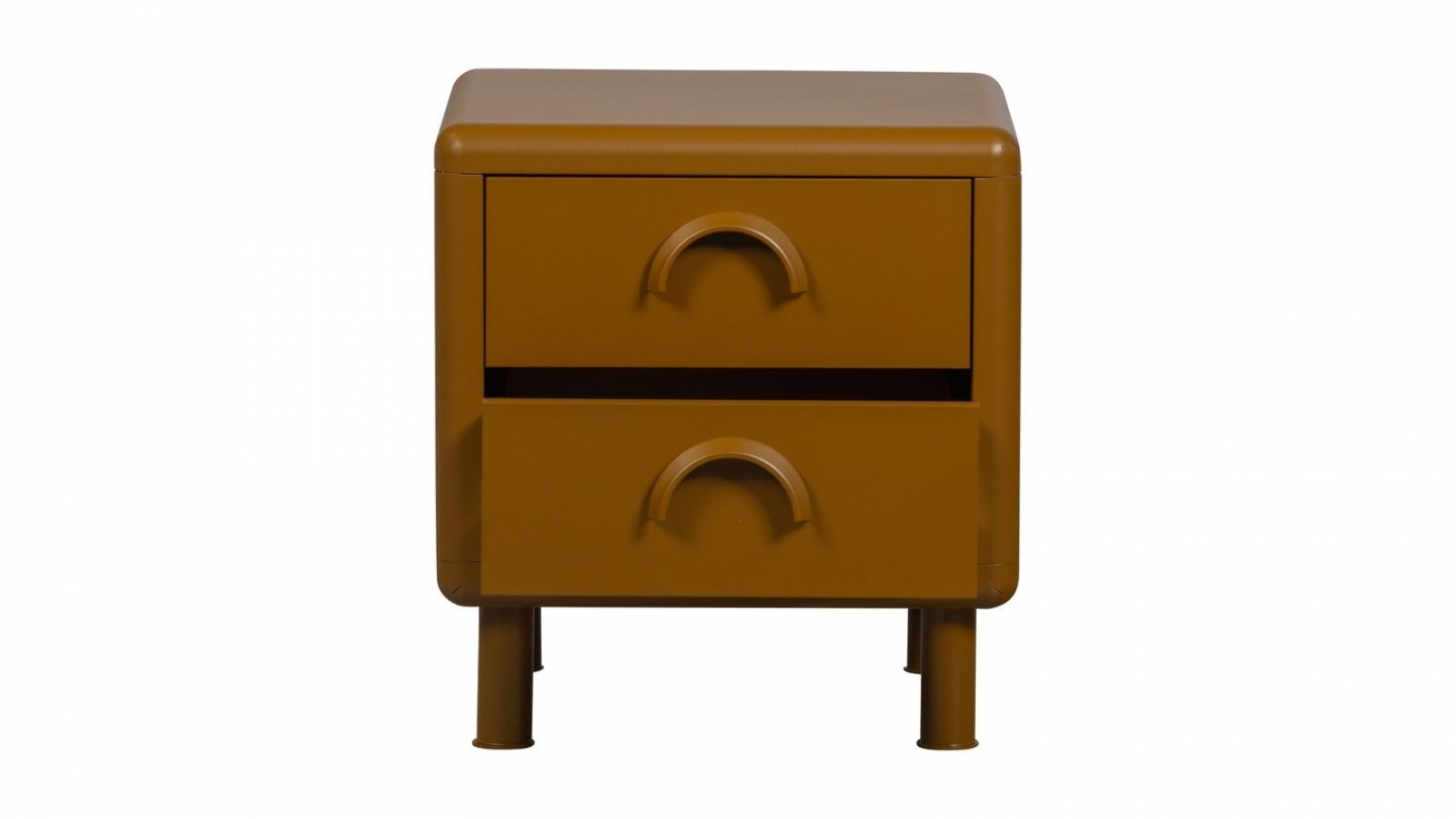 Table de chevet 2 tiroirs arrondie en métal jaune miel 45 cm - Rune Table de chevet 2 tiroirs arrondie en métal jaune miel 45 cm - Rune