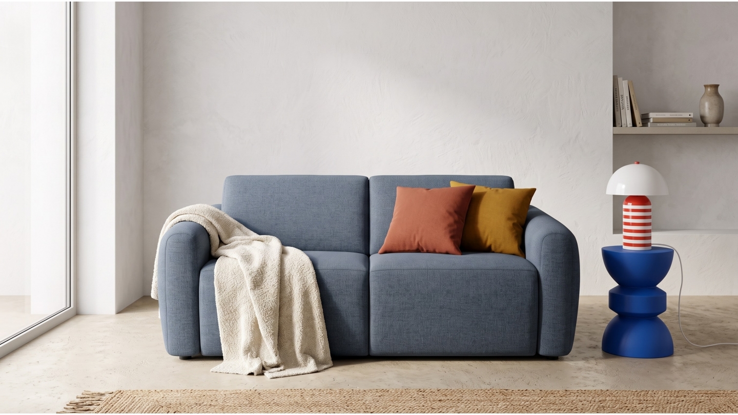 Canapé droit convertible 3 places en tissu chenille bleu foncé - ouverture express - Suzie Canapé droit convertible 3 places en tissu chenille bleu foncé - ouverture express - Suzie