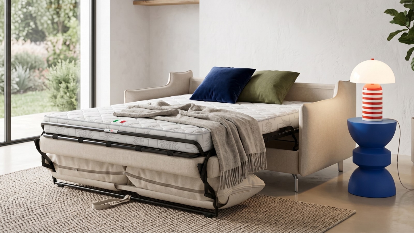 Canapé droit convertible 3 places en tissu chenille beige - ouverture express - Astoria Canapé droit convertible 3 places en tissu chenille beige - ouverture express - Astoria