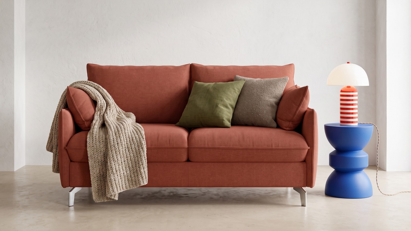 Canapé droit convertible 3 places en tissu chenille terracotta - ouverture express - Astoria Canapé droit convertible 3 places en tissu chenille terracotta - ouverture express - Astoria