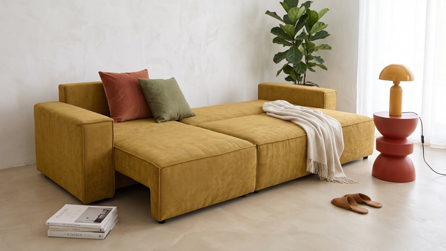 Canapé d'angle convertible réversible 5 places avec coffre de rangement en tissu chenille bronze - Harper Canapé d'angle convertible réversible 5 places avec coffre de rangement en tissu chenille bronze - Harper