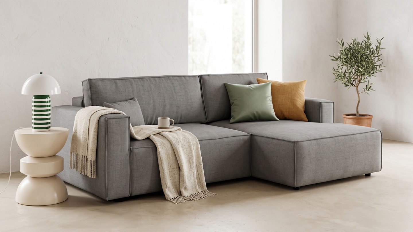 Canapé d'angle à droite convertible 3 places en tissu chenille gris - Asti Canapé d'angle à droite convertible 3 places en tissu chenille gris - Asti