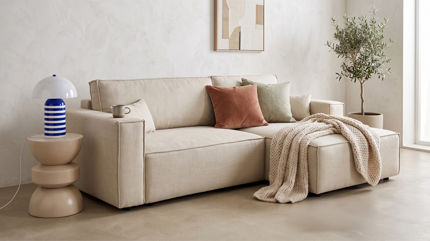 Canapé d'angle à droite convertible 3 places en tissu chenille beige foncé - Asti Canapé d'angle à droite convertible 3 places en tissu chenille beige foncé - Asti