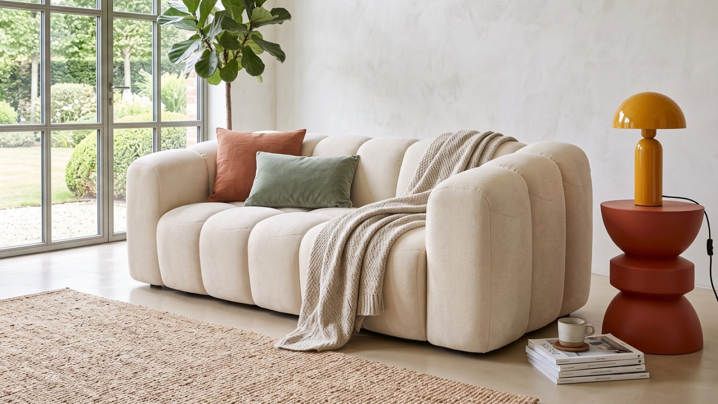 Canapé capitonné convertible 3 places en tissu chenille beige - ouverture express - Belleville Canapé capitonné convertible 3 places en tissu chenille beige - ouverture express - Belleville