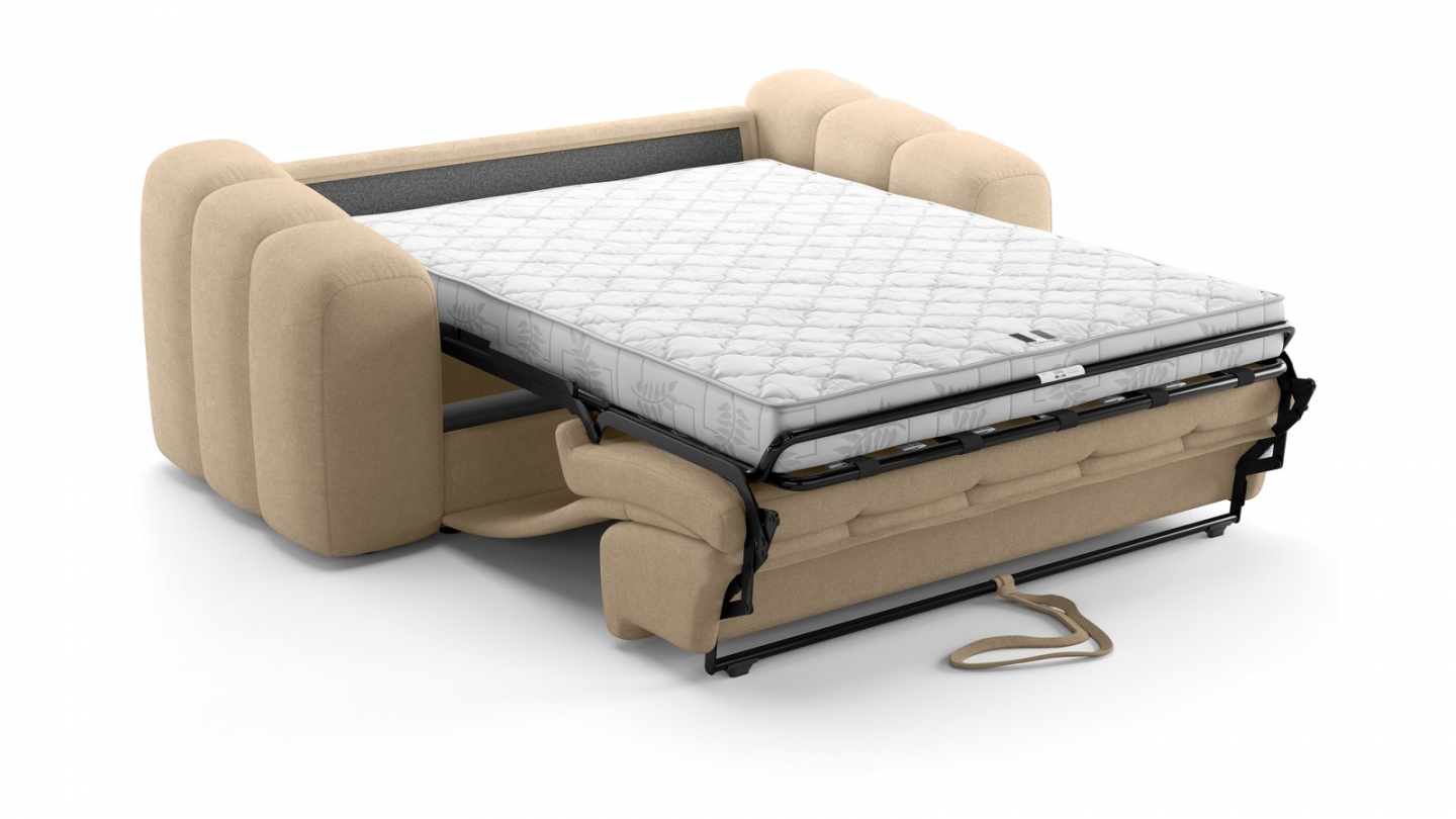 Canapé capitonné convertible 3 places en tissu chenille taupe - ouverture express - Belleville Canapé capitonné convertible 3 places en tissu chenille taupe - ouverture express - Belleville