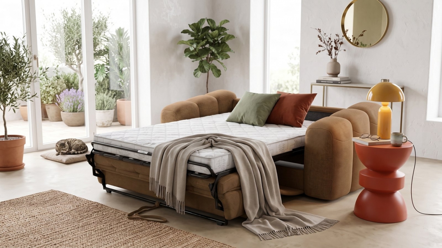 Canapé capitonné convertible 3 places en tissu chenille moka - ouverture express - Belleville Canapé capitonné convertible 3 places en tissu chenille moka - ouverture express - Belleville
