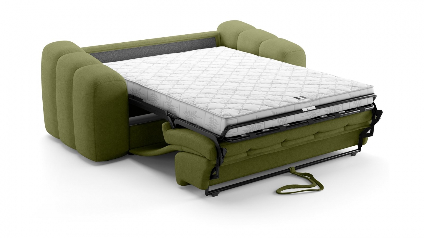 Canapé capitonné convertible 3 places en tissu chenille vert olive - ouverture express - Belleville Canapé capitonné convertible 3 places en tissu chenille vert olive - ouverture express - Belleville
