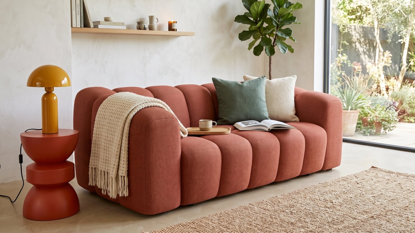 Canapé capitonné convertible 3 places en tissu chenille terracotta - ouverture express - Belleville Canapé capitonné convertible 3 places en tissu chenille terracotta - ouverture express - Belleville