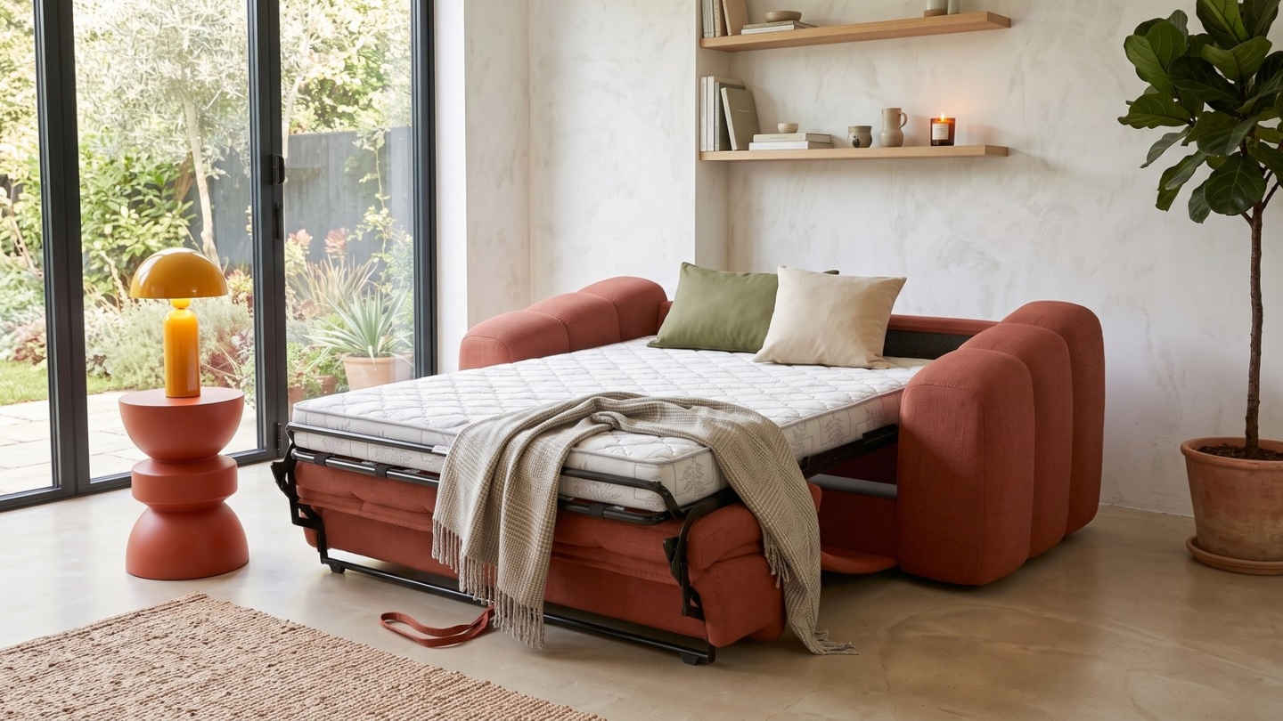 Canapé capitonné convertible 3 places en tissu chenille terracotta - ouverture express - Belleville Canapé capitonné convertible 3 places en tissu chenille terracotta - ouverture express - Belleville