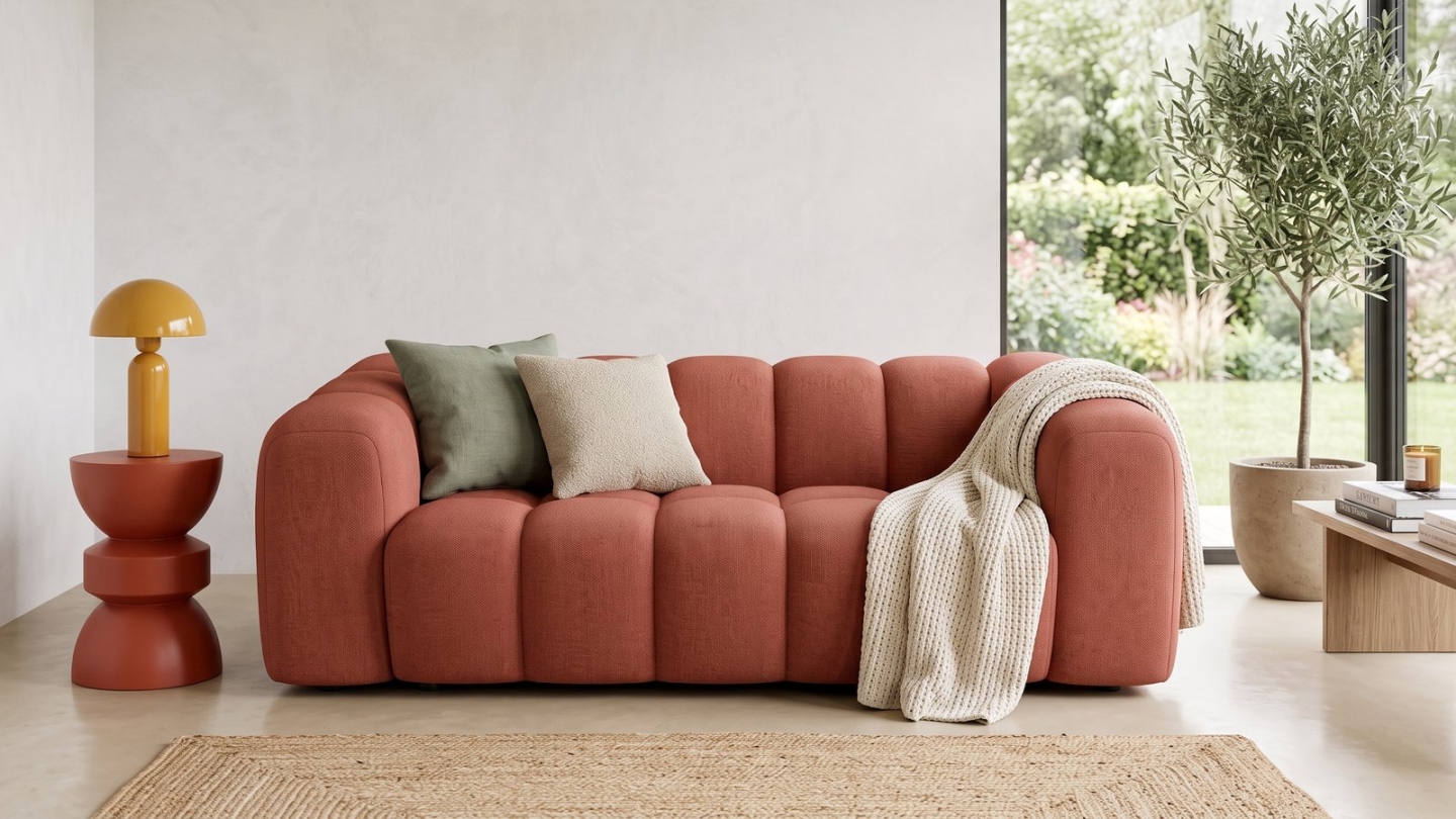 Canapé capitonné convertible 3 places en tissu chenille terracotta - ouverture express - Belleville Canapé capitonné convertible 3 places en tissu chenille terracotta - ouverture express - Belleville
