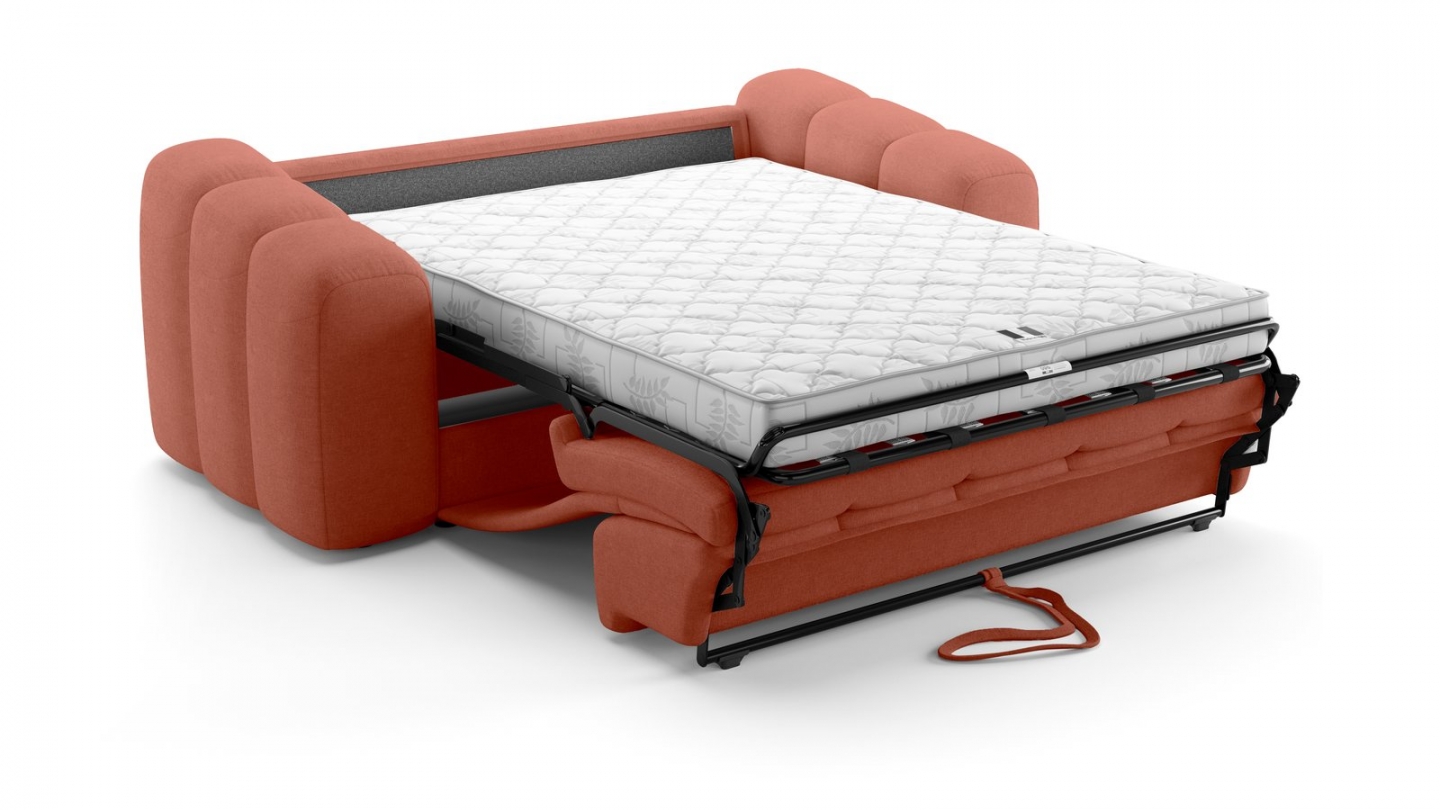 Canapé capitonné convertible 3 places en tissu chenille terracotta - ouverture express - Belleville Canapé capitonné convertible 3 places en tissu chenille terracotta - ouverture express - Belleville