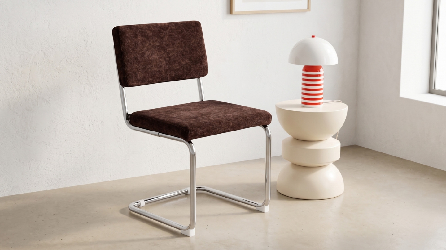 Lot de 2 chaises en tissu chenille marron et piètement chromé - Dulce Lot de 2 chaises en tissu chenille marron et piètement chromé - Dulce