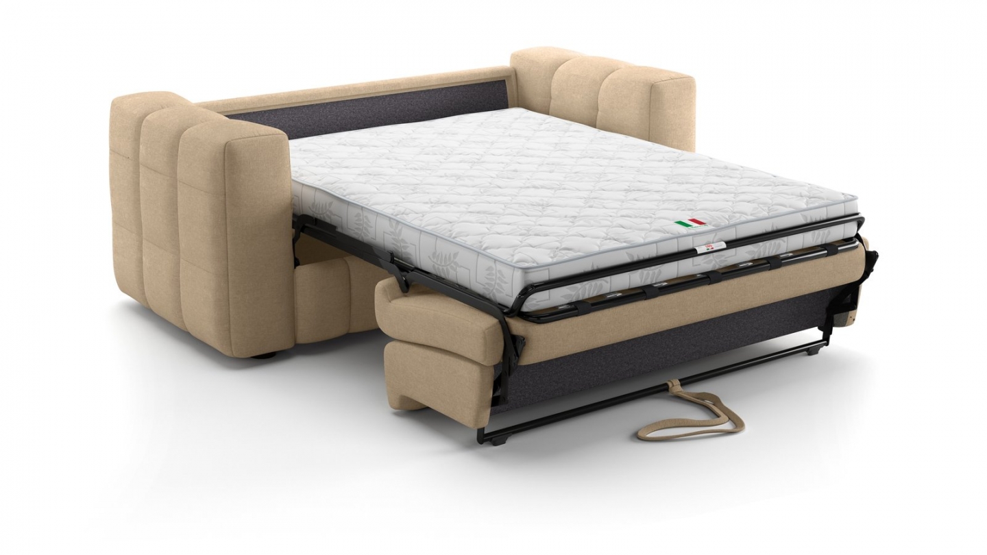 Canapé capitonné convertible 3 places en tissu chenille taupe - ouverture express - Cester Canapé capitonné convertible 3 places en tissu chenille taupe - ouverture express - Cester