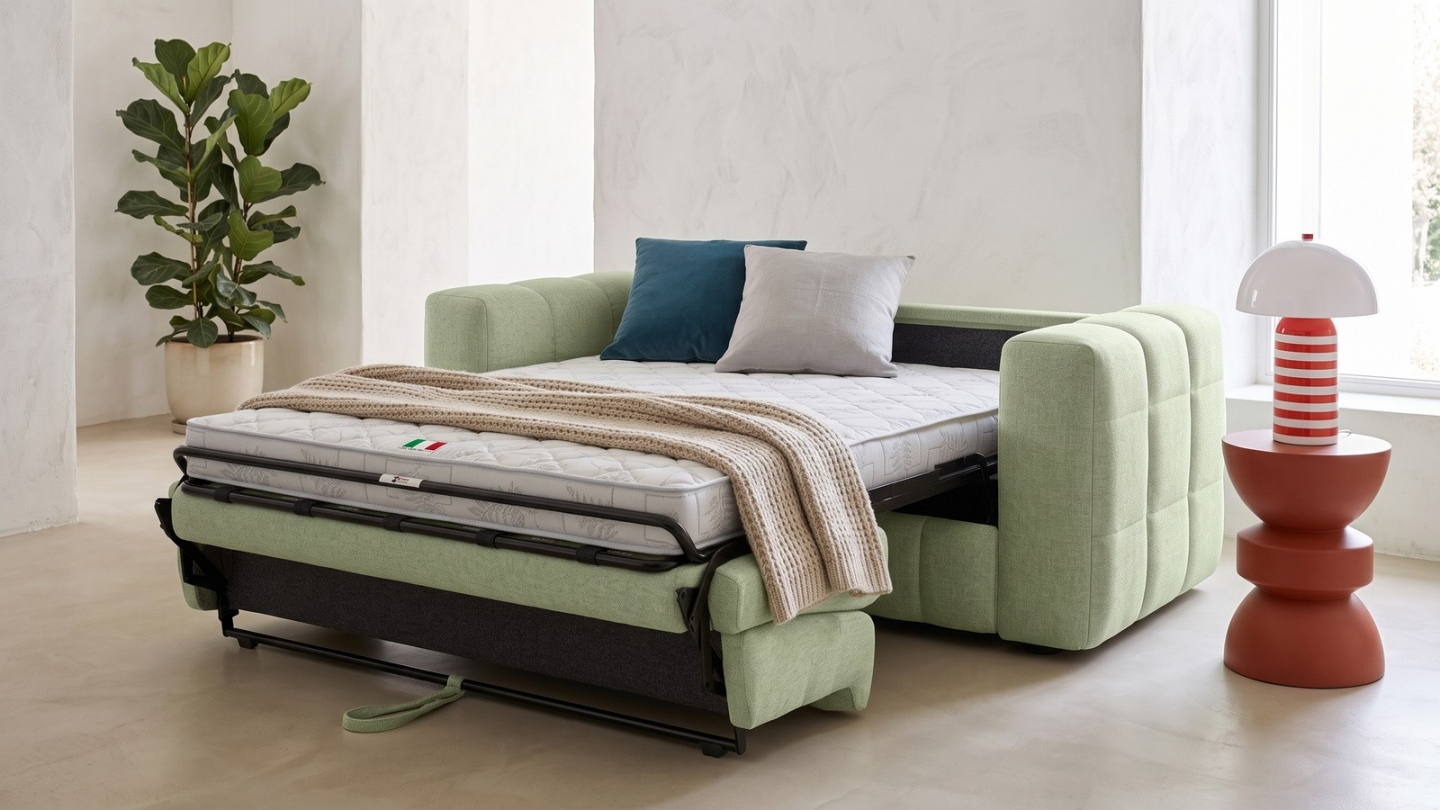 Canapé capitonné convertible 3 places en tissu chenille vert sauge - ouverture express - Cester Canapé capitonné convertible 3 places en tissu chenille vert sauge - ouverture express - Cester