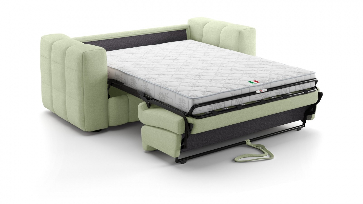 Canapé capitonné convertible 3 places en tissu chenille vert sauge - ouverture express - Cester Canapé capitonné convertible 3 places en tissu chenille vert sauge - ouverture express - Cester