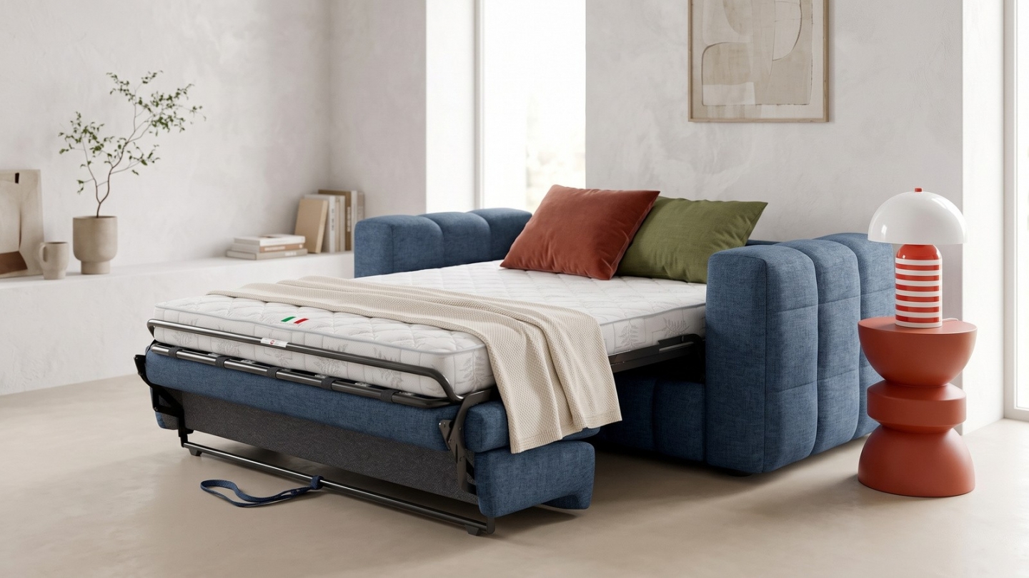 Canapé capitonné convertible 3 places en tissu chenille bleu foncé - ouverture express - Cester Canapé capitonné convertible 3 places en tissu chenille bleu foncé - ouverture express - Cester
