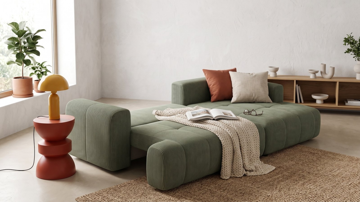 Canapé d'angle à droite convertible 4 places en tissu chenille vert olive - ouverture rapide - Karl Canapé d'angle à droite convertible 4 places en tissu chenille vert olive - ouverture rapide - Karl