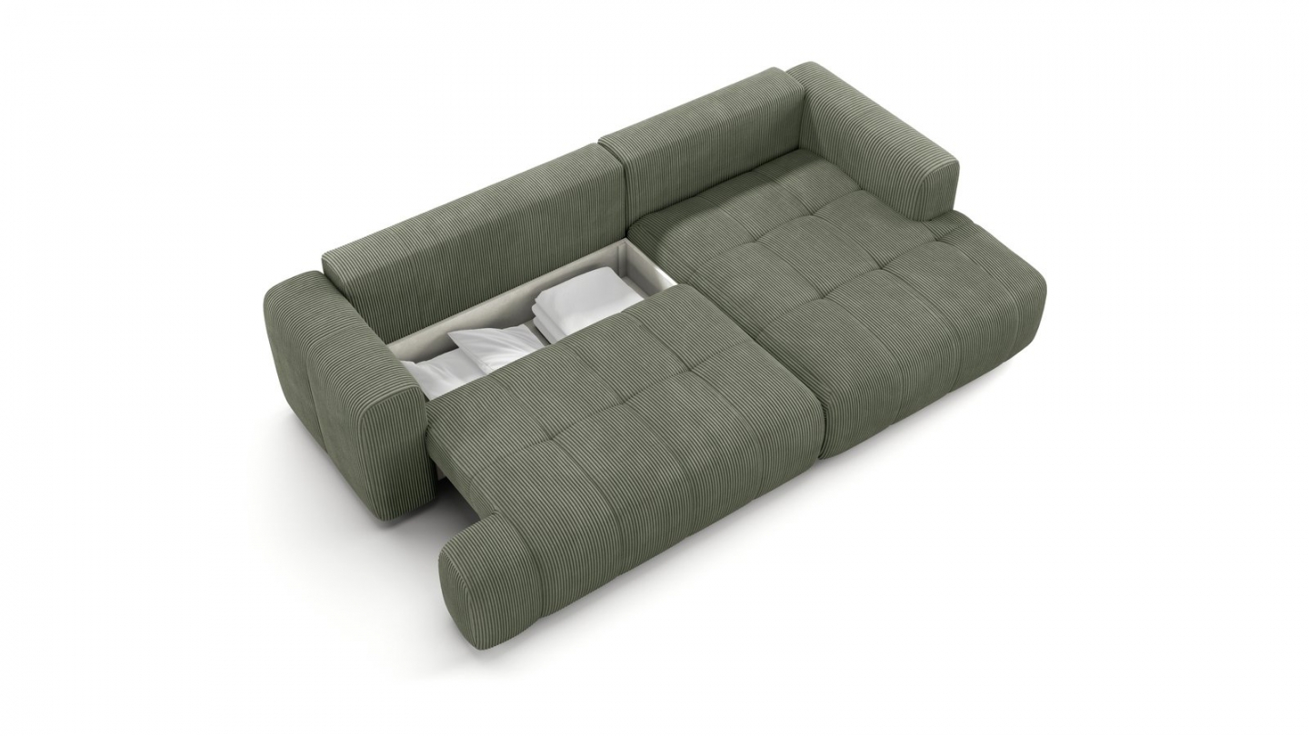 Canapé d'angle à droite convertible 4 places en tissu chenille vert olive - ouverture rapide - Karl Canapé d'angle à droite convertible 4 places en tissu chenille vert olive - ouverture rapide - Karl