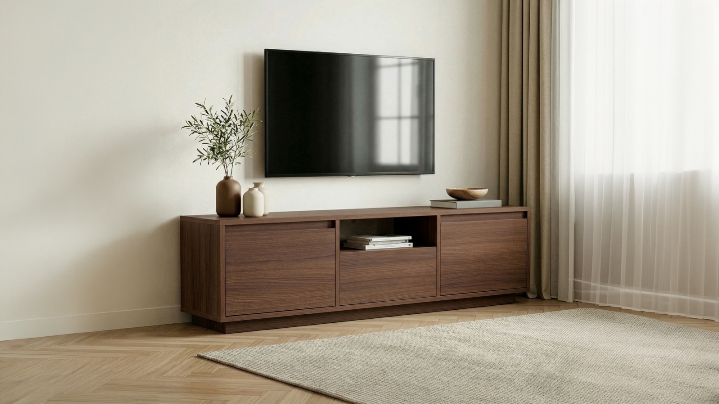 Meuble TV 3 portes 1 niche effet noyer 160 cm - Havia Meuble TV 3 portes 1 niche effet noyer 160 cm - Havia