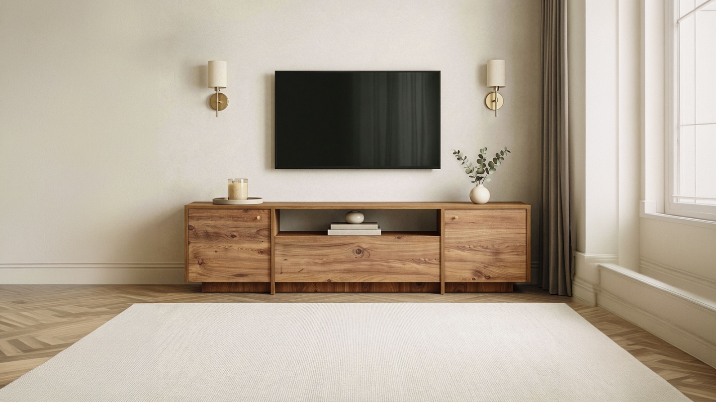 Meuble TV 3 portes 1 niche effet pin 180 cm - Lira Meuble TV 3 portes 1 niche effet pin 180 cm - Lira