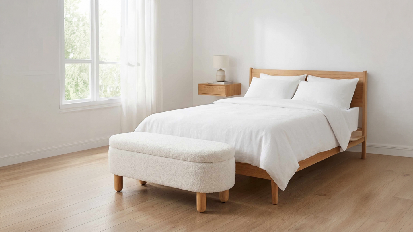 Banc coffre en tissu teddy blanc 120 cm - Solen Banc coffre en tissu teddy blanc 120 cm - Solen
