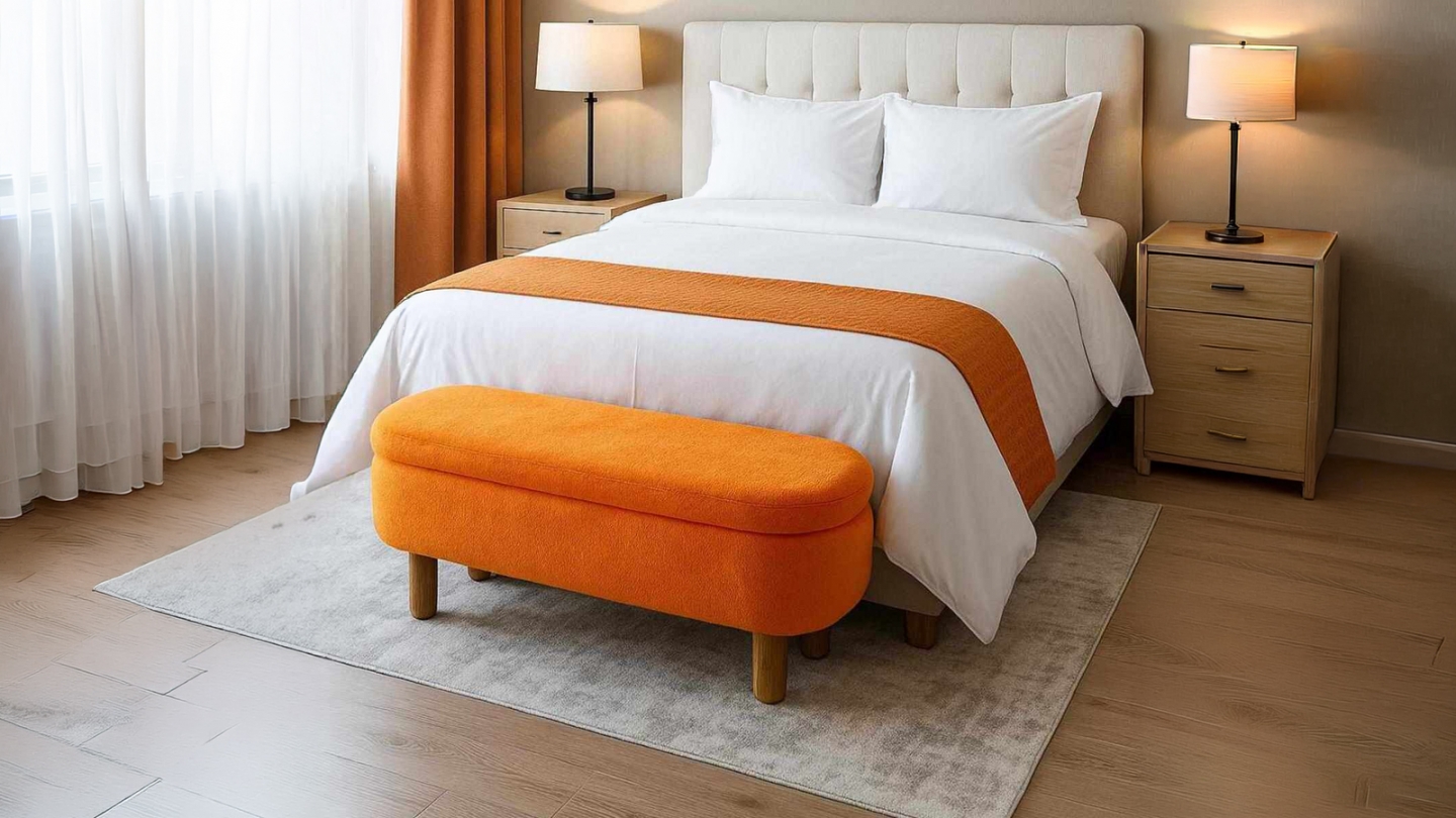 Banc en tissu teddy orange 120 cm - Solen Banc en tissu teddy orange 120 cm - Solen