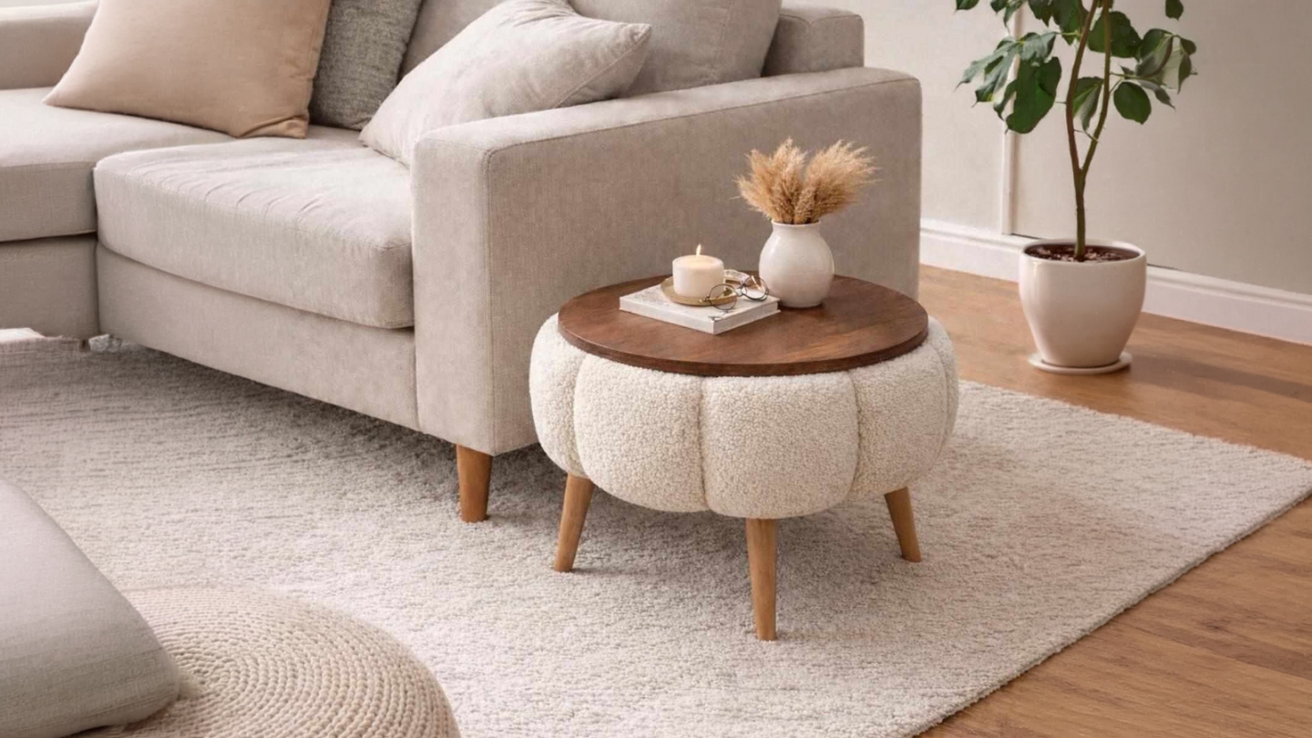 Table d'appoint ronde en tissu teddy crème 45 cm - Ronia Table d'appoint ronde en tissu teddy crème 45 cm - Ronia