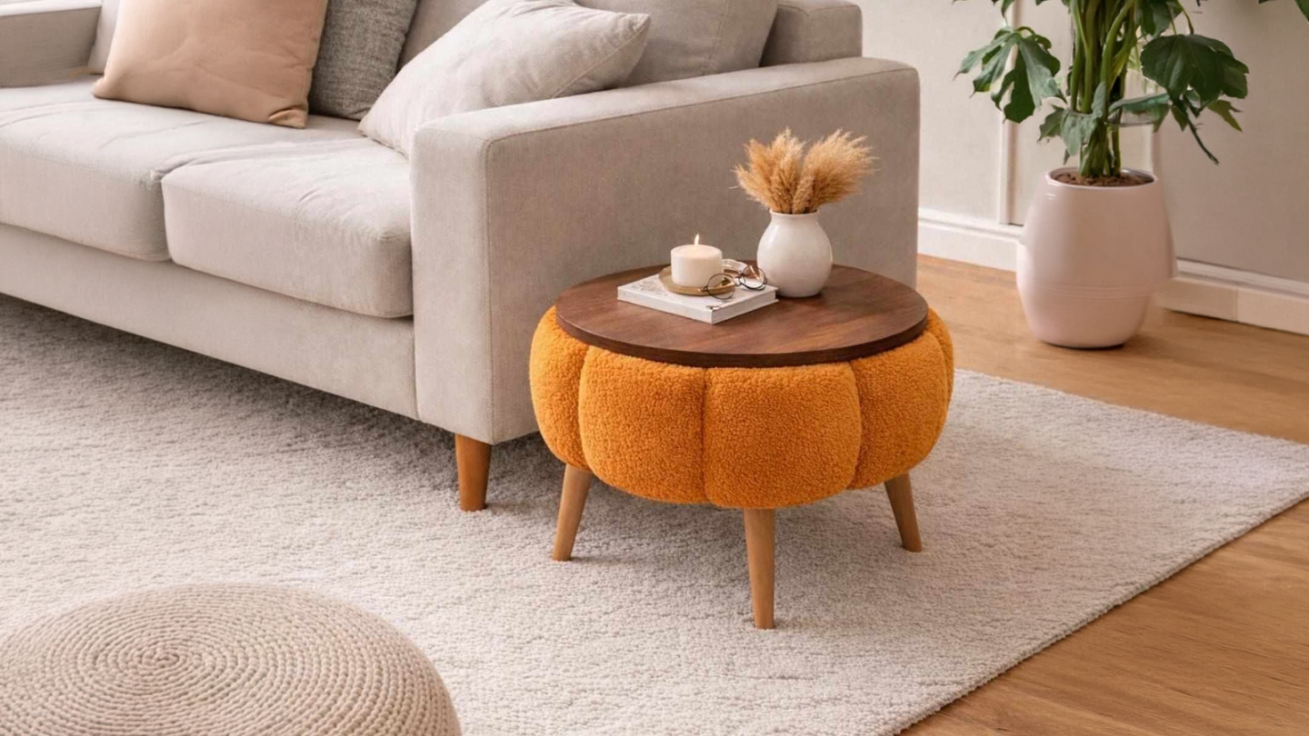 Table d'appoint ronde en tissu teddy orange 45 cm - Ronia Table d'appoint ronde en tissu teddy orange 45 cm - Ronia