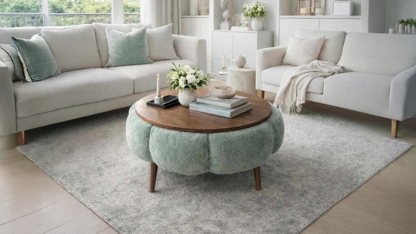 Table basse ronde en tissu teddy effet noyer et vert 60 cm - Silva Table basse ronde en tissu teddy effet noyer et vert 60 cm - Silva