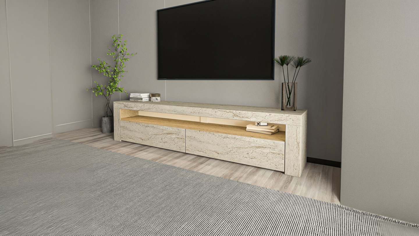 Meuble TV LED 2 portes 1 niche effet travertin 150 cm - Aveiro Meuble TV LED 2 portes 1 niche effet travertin 150 cm - Aveiro